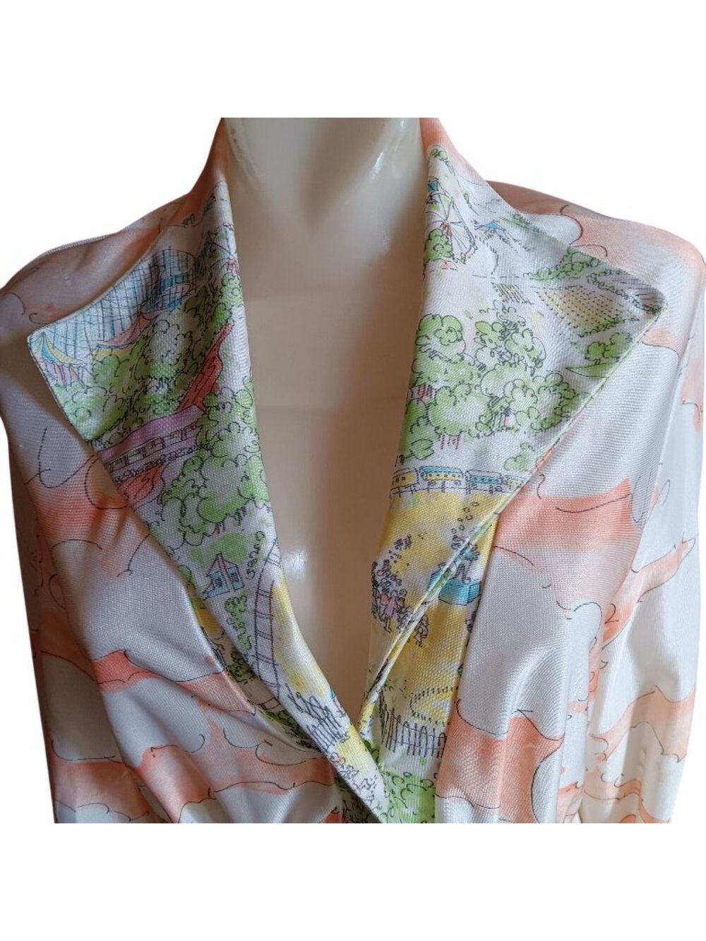 True Vintage Boho Large Maxi Dress Disco Pastel Scenic Print 1970's Sears 38-40